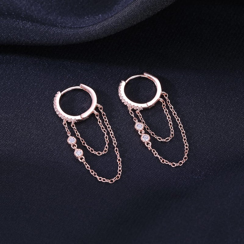 Reffeer 925 Sterling Silver Chain Drop Earrings Hoop for Women Teens CZ Hoop Chain Earrings Dangle - Image 4